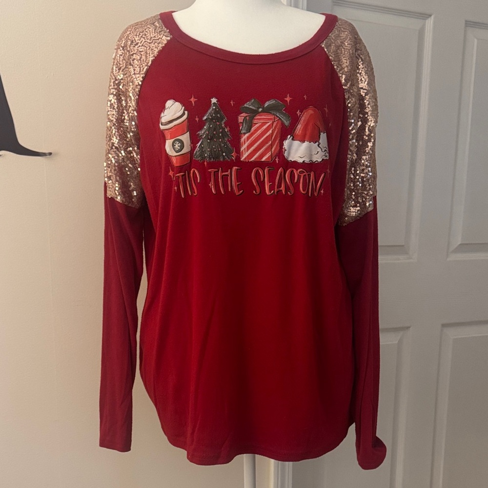 Red Holiday Long Sleeve Top with Sequin Sleeves